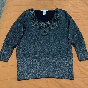 August Silk size Medium 3/4 sleeve blouse V neck shiny accents black color